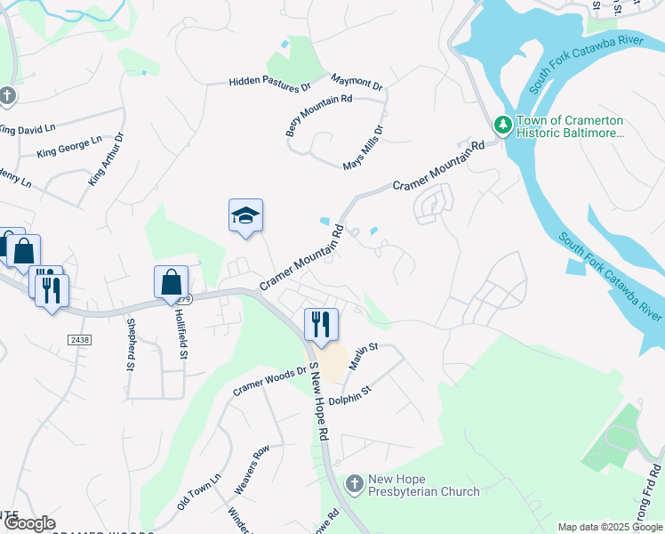 map of restaurants, bars, coffee shops, grocery stores, and more near 500 Cramer Mountain Road in Cramerton