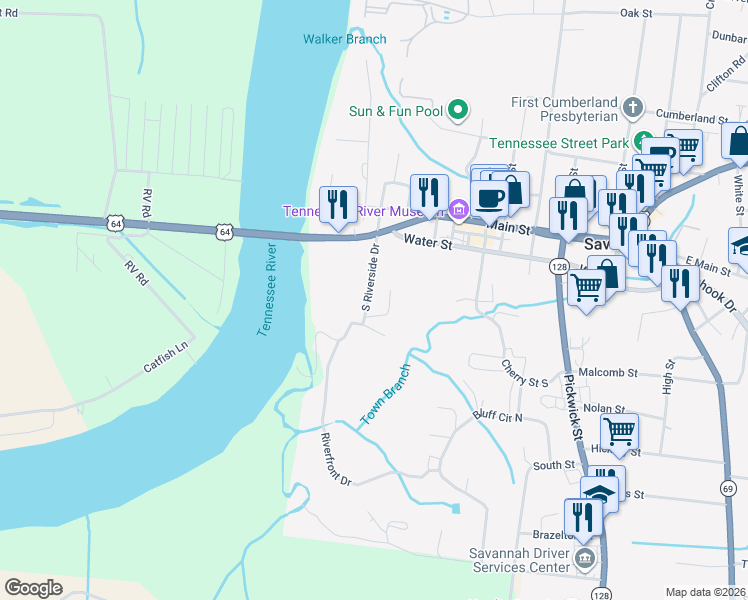 map of restaurants, bars, coffee shops, grocery stores, and more near 90 South Riverside Drive in Savannah