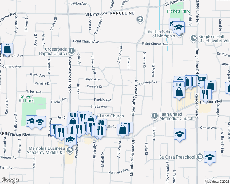 map of restaurants, bars, coffee shops, grocery stores, and more near 2311 Corning Avenue in Memphis
