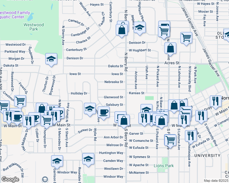 map of restaurants, bars, coffee shops, grocery stores, and more near 1302 Kansas Street in Norman