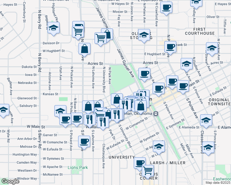 map of restaurants, bars, coffee shops, grocery stores, and more near in Norman