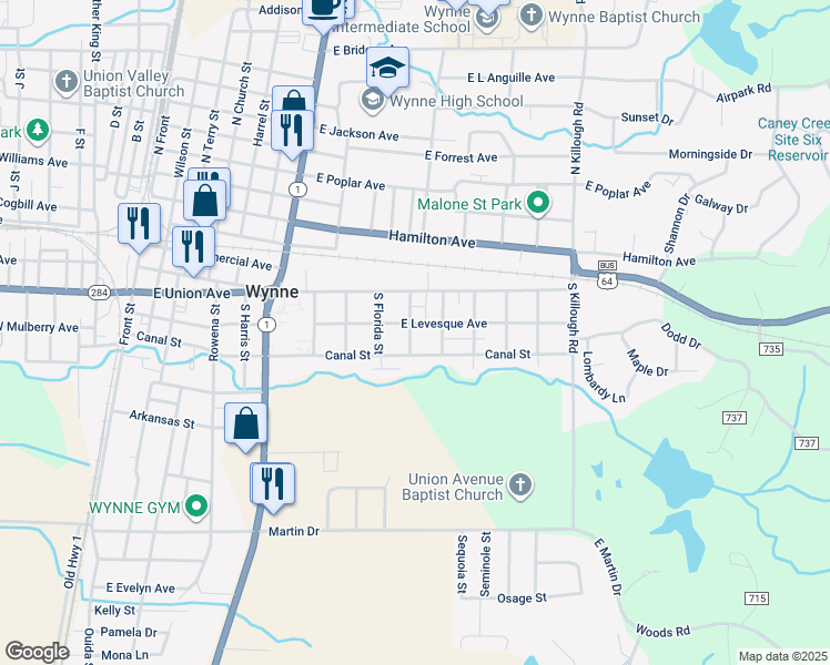 map of restaurants, bars, coffee shops, grocery stores, and more near 1102 East Levesque Avenue in Wynne