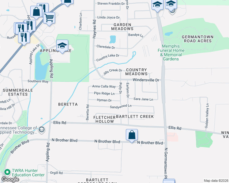 map of restaurants, bars, coffee shops, grocery stores, and more near 7918 Anna Calla Way in Bartlett