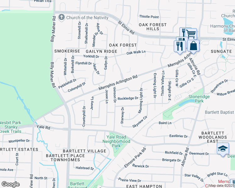 map of restaurants, bars, coffee shops, grocery stores, and more near 6212 Ledgewood Lane in Bartlett