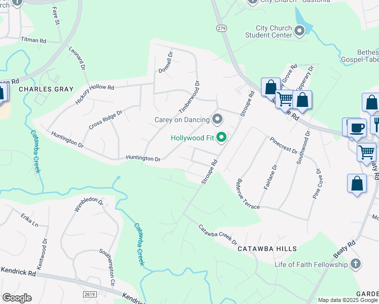 map of restaurants, bars, coffee shops, grocery stores, and more near 4448 Huntington Drive in Gastonia