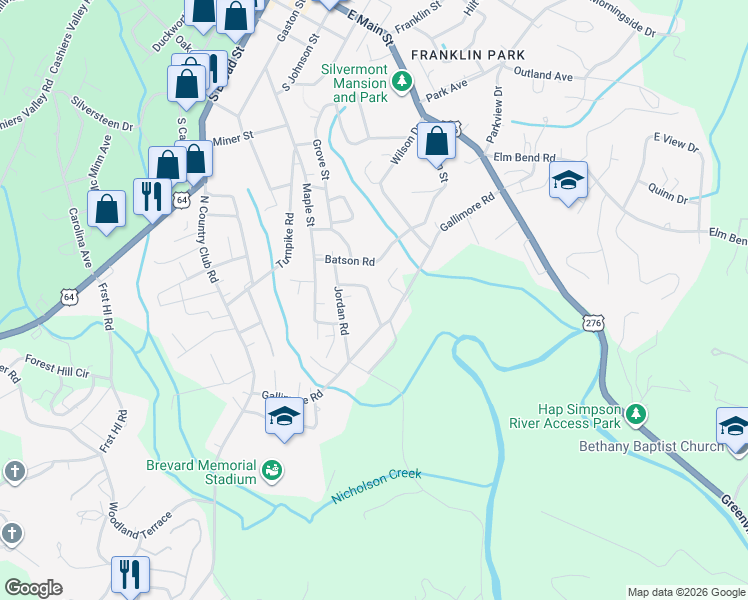 map of restaurants, bars, coffee shops, grocery stores, and more near 107 Placid Drive in Brevard