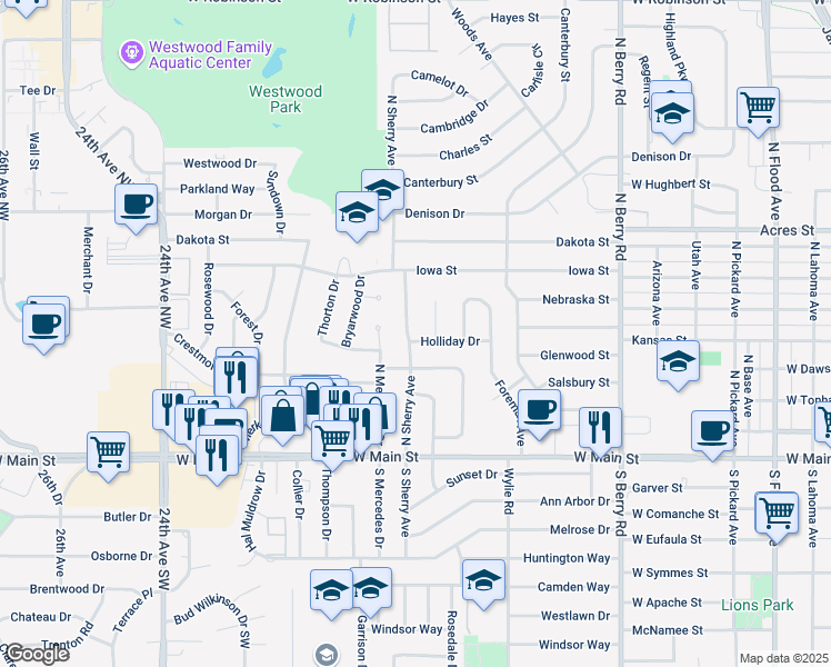 map of restaurants, bars, coffee shops, grocery stores, and more near 407 North Sherry Avenue in Norman