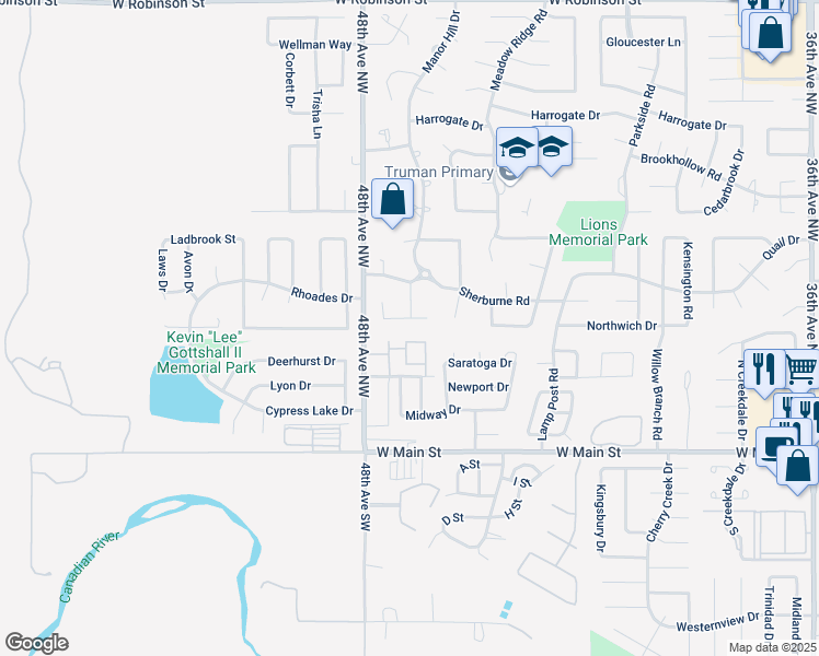 map of restaurants, bars, coffee shops, grocery stores, and more near 4700 Foxborough Court in Norman