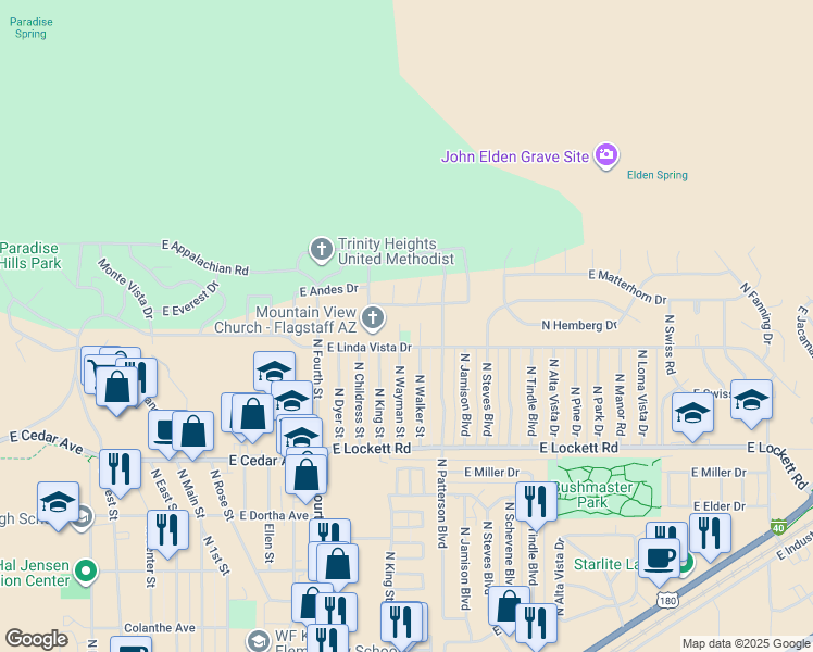 map of restaurants, bars, coffee shops, grocery stores, and more near 2241 East Forest Heights Drive in Flagstaff