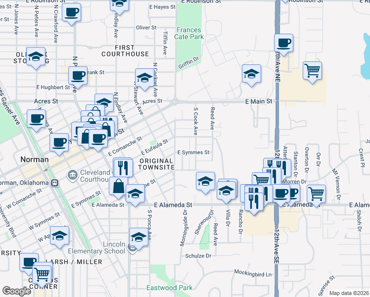 map of restaurants, bars, coffee shops, grocery stores, and more near 828 East Eufaula Street in Norman