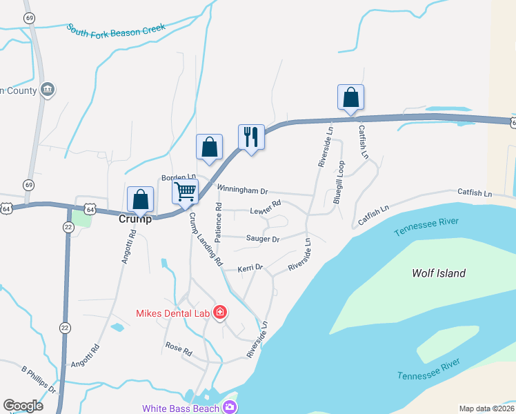 map of restaurants, bars, coffee shops, grocery stores, and more near 155 Lewter Road in Crump