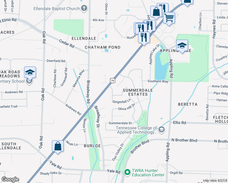 map of restaurants, bars, coffee shops, grocery stores, and more near 7436 Summerdale Cove in Bartlett
