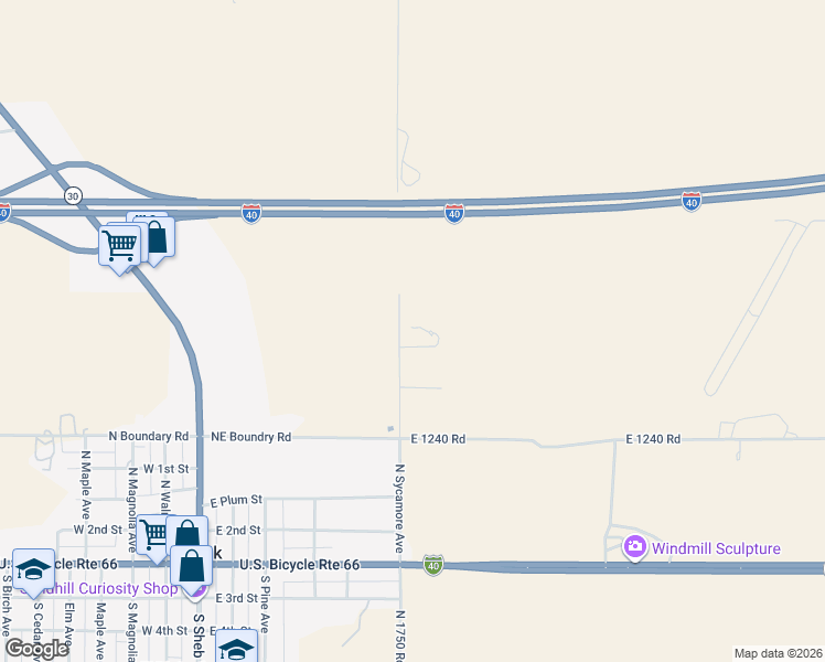 map of restaurants, bars, coffee shops, grocery stores, and more near 12374 North 1750 Road in Erick