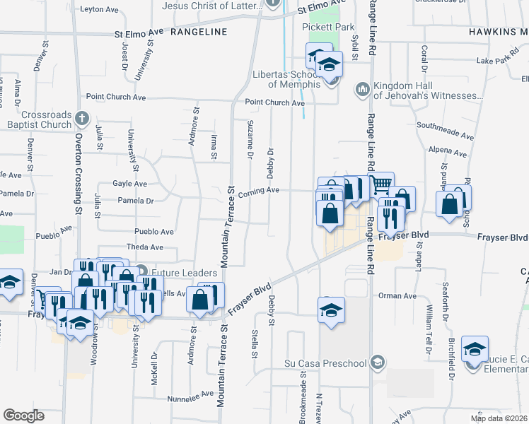 map of restaurants, bars, coffee shops, grocery stores, and more near 3563 Debby Drive in Memphis