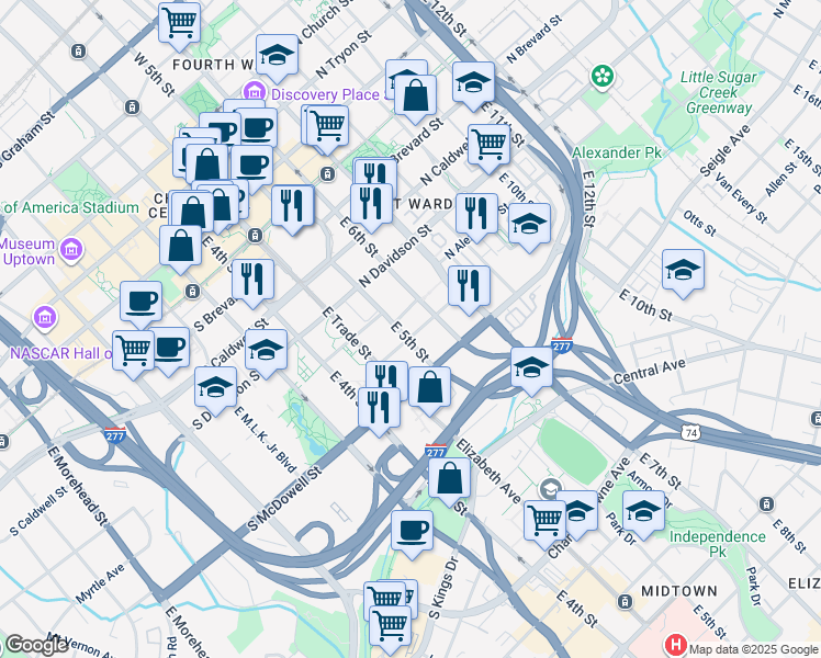 map of restaurants, bars, coffee shops, grocery stores, and more near 251 North Alexander Street in Charlotte
