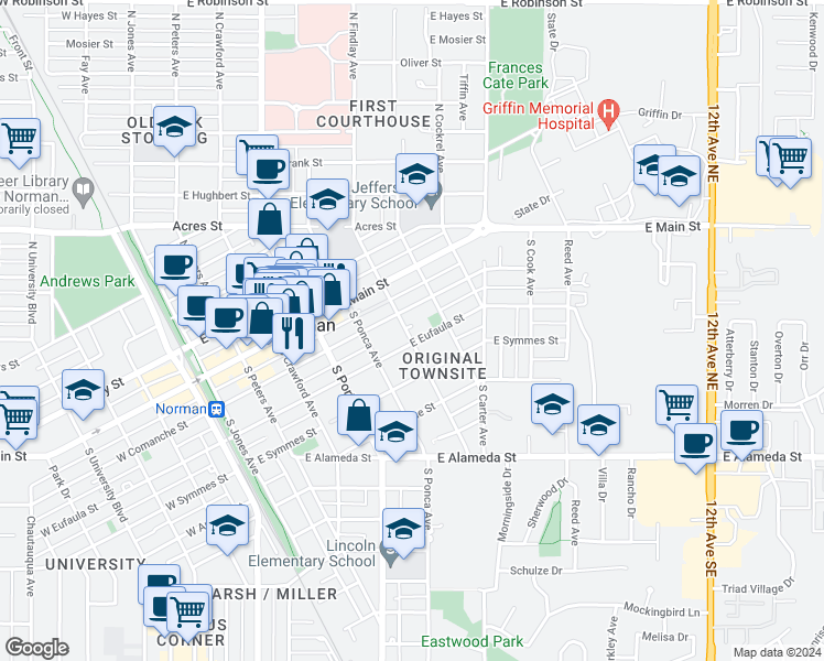 map of restaurants, bars, coffee shops, grocery stores, and more near 229 South Findlay Avenue in Norman