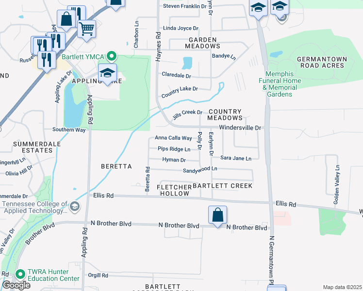 map of restaurants, bars, coffee shops, grocery stores, and more near 7894 Pips Ridge Lane in Bartlett