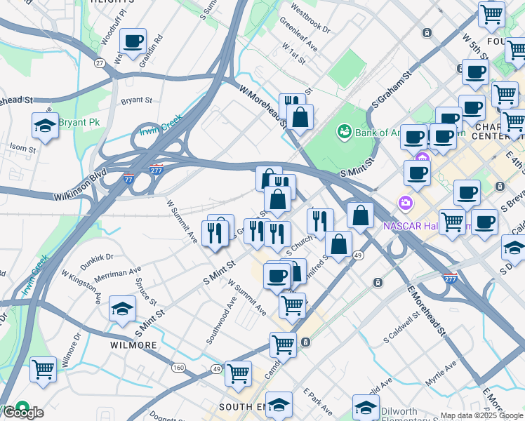 map of restaurants, bars, coffee shops, grocery stores, and more near 515 W Palmer St in Charlotte