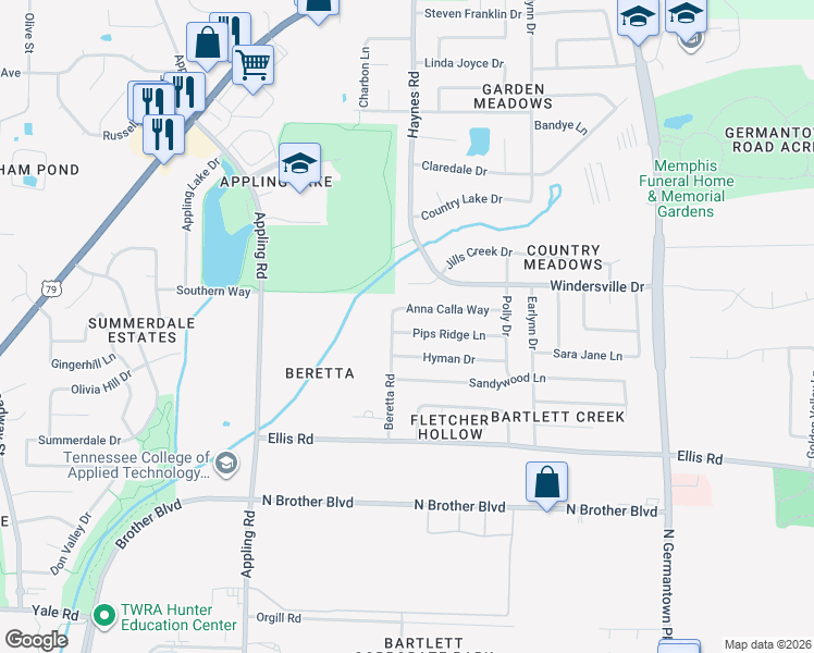 map of restaurants, bars, coffee shops, grocery stores, and more near 7826 Anna Calla Way in Memphis