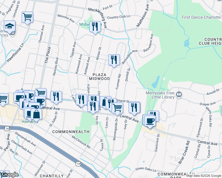 map of restaurants, bars, coffee shops, grocery stores, and more near in Charlotte