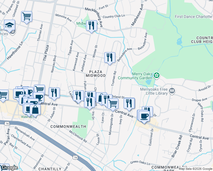 map of restaurants, bars, coffee shops, grocery stores, and more near 1815 Club Road in Charlotte
