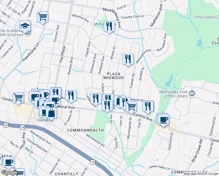 map of restaurants, bars, coffee shops, grocery stores, and more near 1811 Chatham Avenue in Charlotte