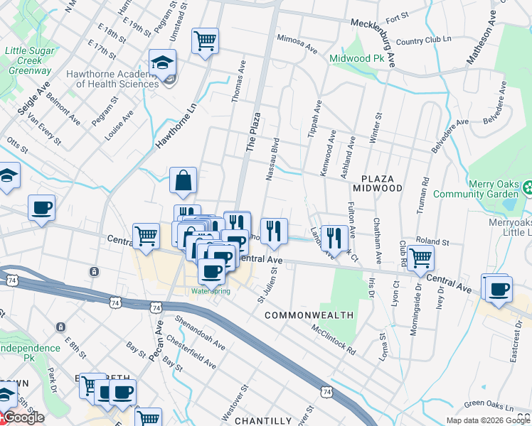 map of restaurants, bars, coffee shops, grocery stores, and more near 1808 Sprague Avenue in Charlotte