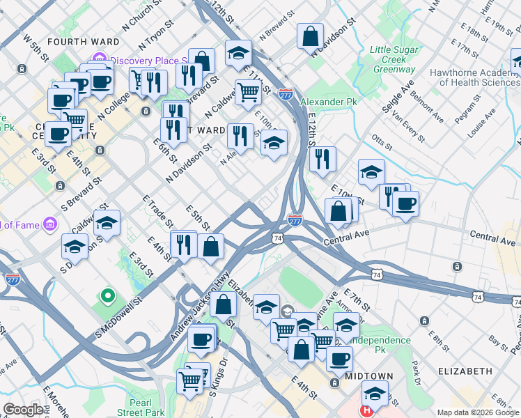 map of restaurants, bars, coffee shops, grocery stores, and more near 938 East 8th Street in Charlotte