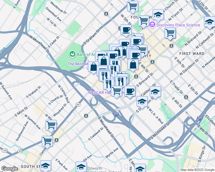 map of restaurants, bars, coffee shops, grocery stores, and more near in Charlotte