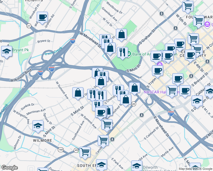 map of restaurants, bars, coffee shops, grocery stores, and more near in Charlotte