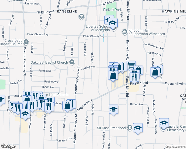 map of restaurants, bars, coffee shops, grocery stores, and more near 3563 Debby Drive in Memphis