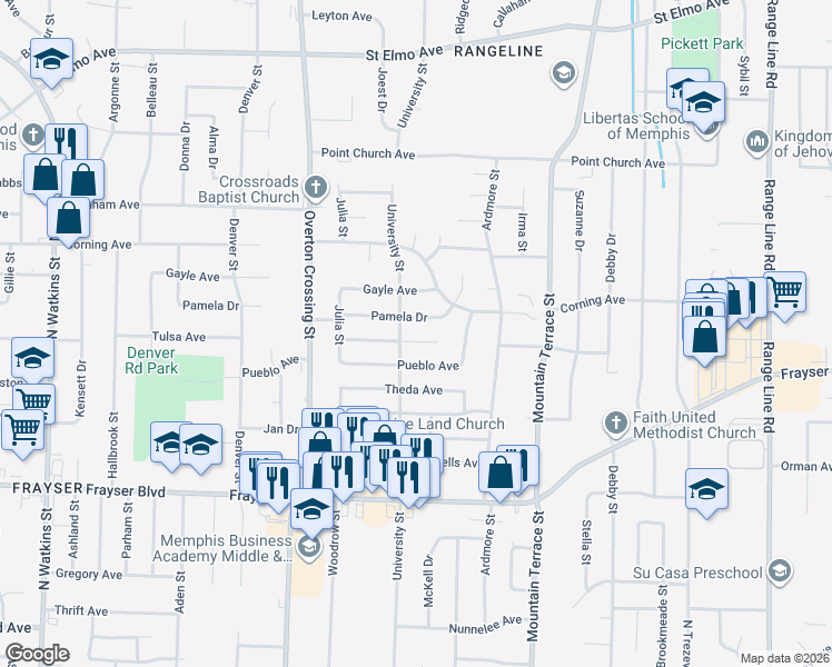 map of restaurants, bars, coffee shops, grocery stores, and more near 2218 Pamela Drive in Memphis