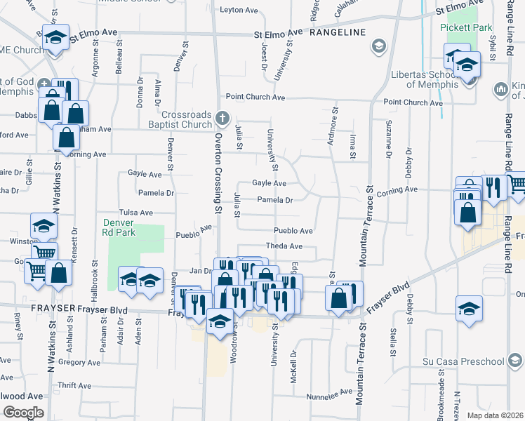 map of restaurants, bars, coffee shops, grocery stores, and more near 2176 Pamela Drive in Memphis