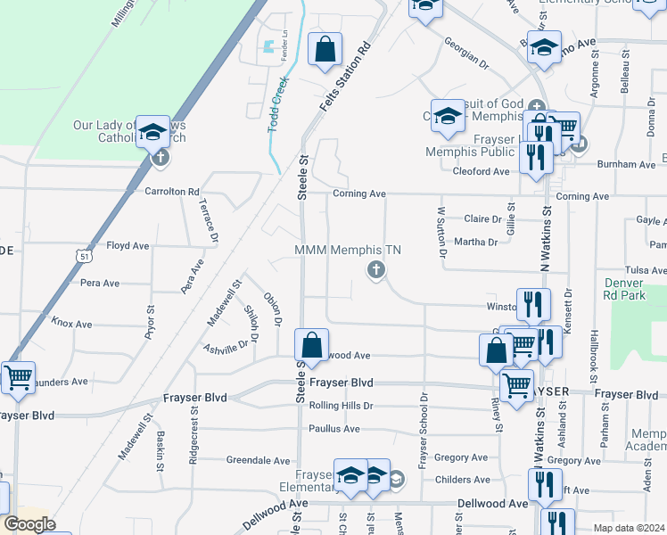 map of restaurants, bars, coffee shops, grocery stores, and more near 3566 Gowan Drive in Memphis