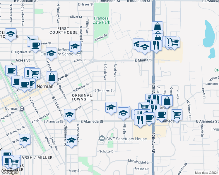 map of restaurants, bars, coffee shops, grocery stores, and more near 912 East Eufaula Street in Norman