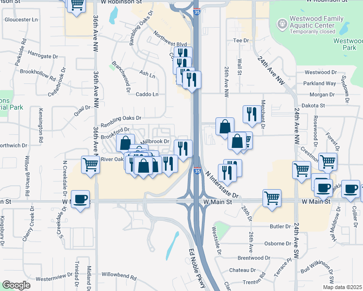 map of restaurants, bars, coffee shops, grocery stores, and more near 3003 River Oaks Drive in Norman