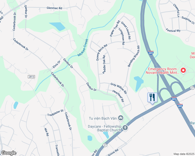 map of restaurants, bars, coffee shops, grocery stores, and more near 11719 Downy Birch Road in Charlotte