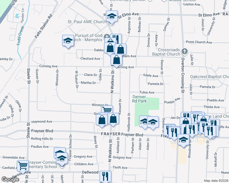 map of restaurants, bars, coffee shops, grocery stores, and more near 3560 North Watkins Street in Memphis