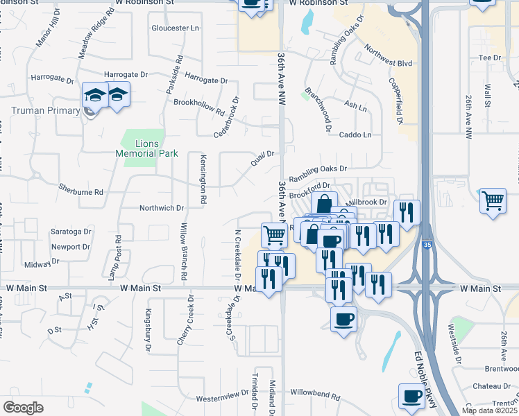 map of restaurants, bars, coffee shops, grocery stores, and more near 3609 Sussex Place in Norman