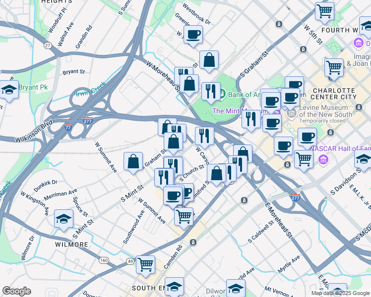 map of restaurants, bars, coffee shops, grocery stores, and more near 1200 South Mint Street in Charlotte