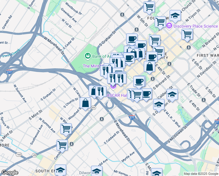 map of restaurants, bars, coffee shops, grocery stores, and more near 650 South Tryon Street in Charlotte
