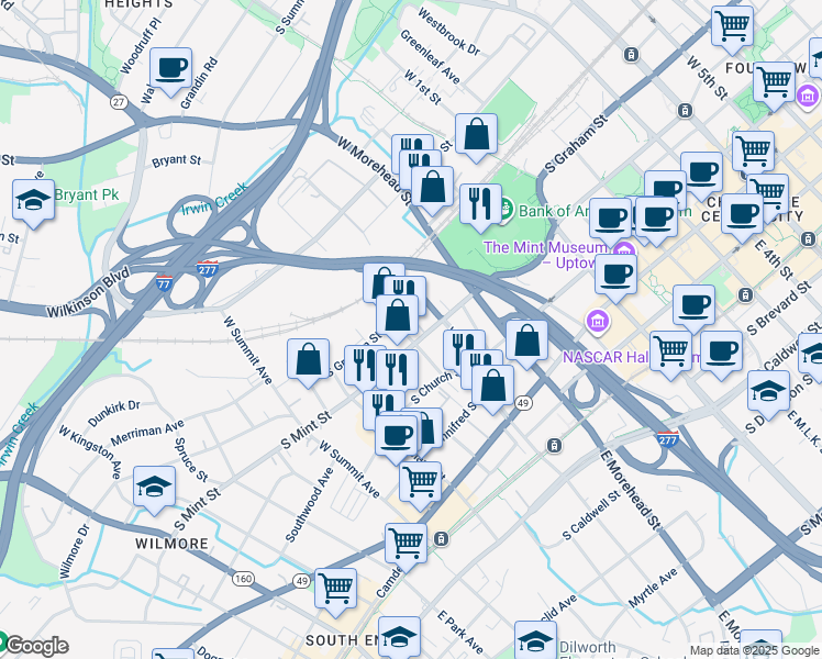 map of restaurants, bars, coffee shops, grocery stores, and more near 1100 South Mint Street in Charlotte