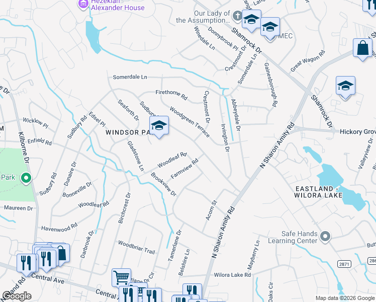 map of restaurants, bars, coffee shops, grocery stores, and more near 4100 Sudbury Road in Charlotte