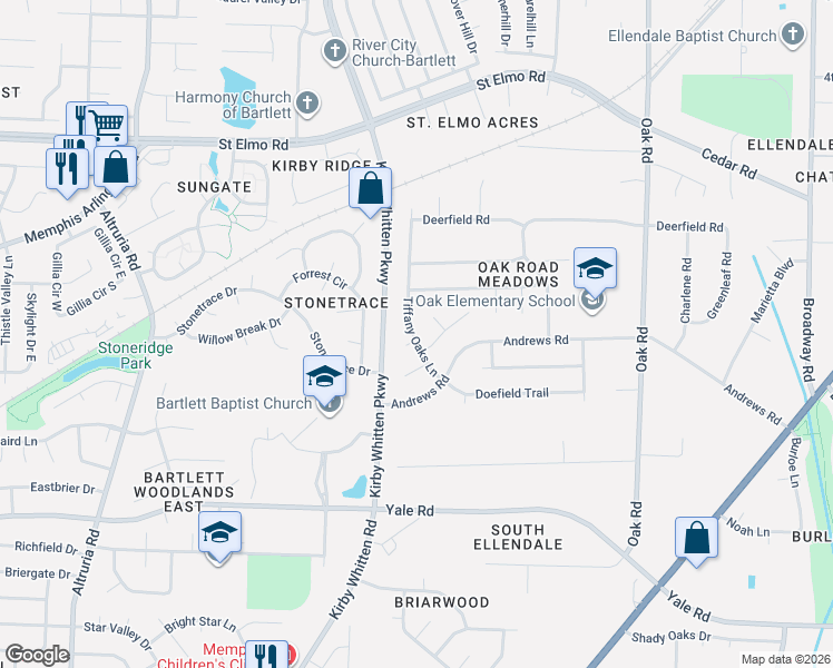 map of restaurants, bars, coffee shops, grocery stores, and more near 3557 Tiffany Oaks Lane in Bartlett