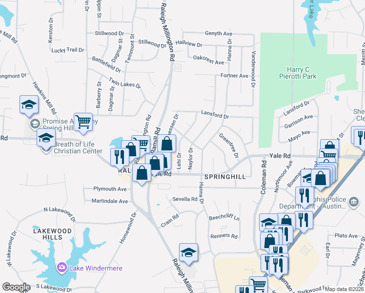 map of restaurants, bars, coffee shops, grocery stores, and more near 3559 Lehi Drive in Memphis