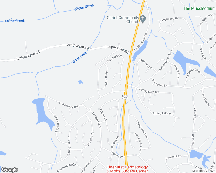 map of restaurants, bars, coffee shops, grocery stores, and more near 60 Old Hunt Road in Pinehurst