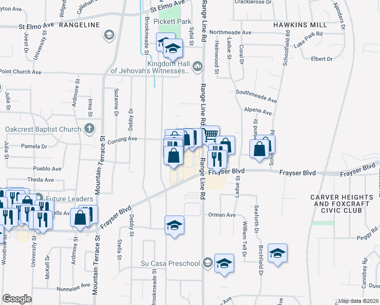 map of restaurants, bars, coffee shops, grocery stores, and more near 2632 Frayser Boulevard in Memphis