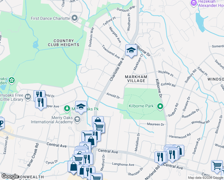 map of restaurants, bars, coffee shops, grocery stores, and more near 2539 Eastway Drive in Charlotte