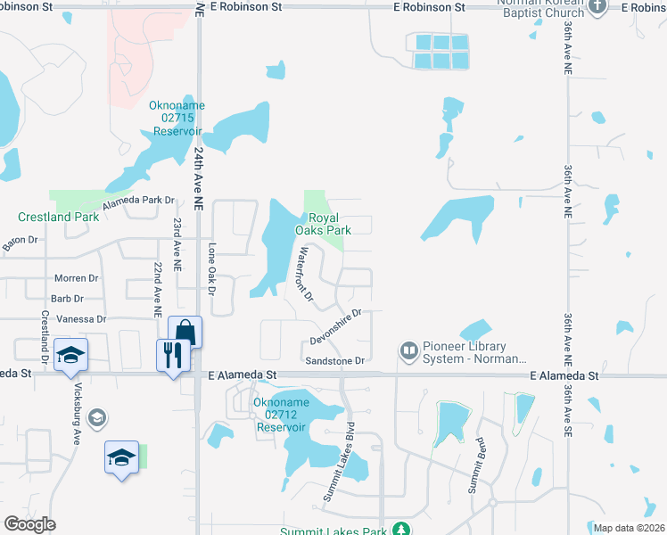 map of restaurants, bars, coffee shops, grocery stores, and more near 429 Waterfront Drive in Norman