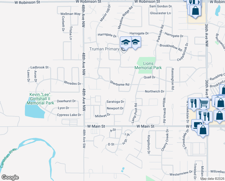 map of restaurants, bars, coffee shops, grocery stores, and more near 410 Scarlet Street in Norman